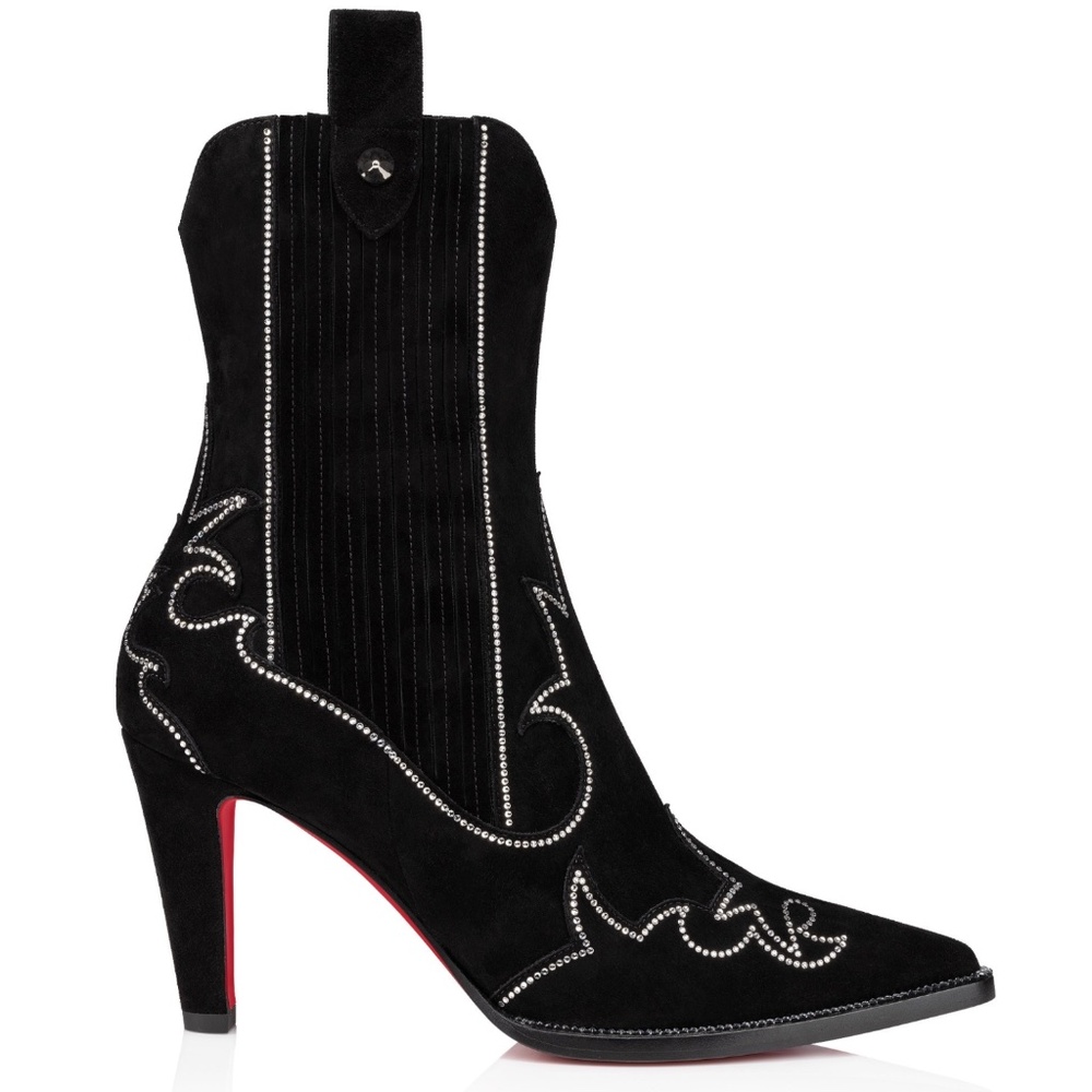 Christian Louboutin Santigag Strass 85 Black Suede Western Ankle Heel Boot 40 - Picture 3 of 16